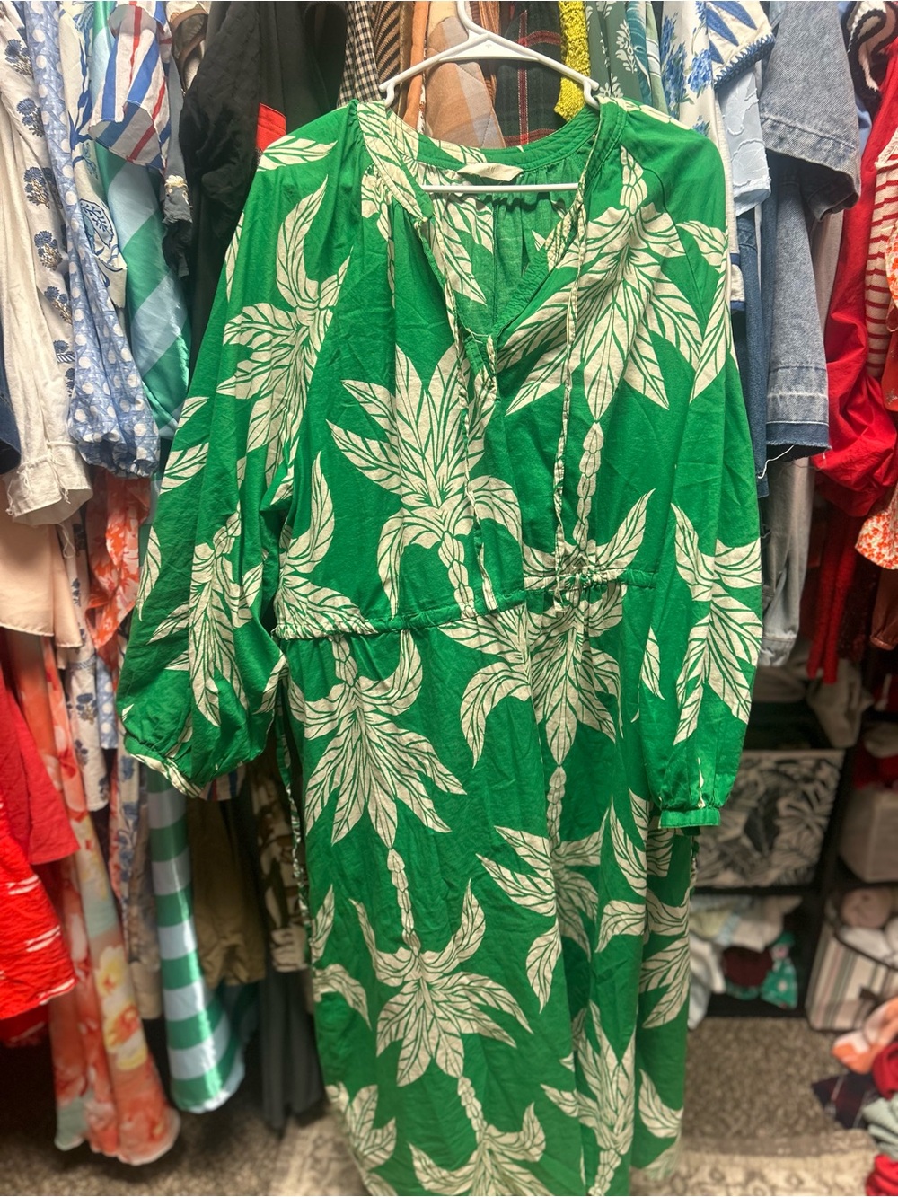 H&M Green Palm-Print Maxi Dress with White Leaf Motif